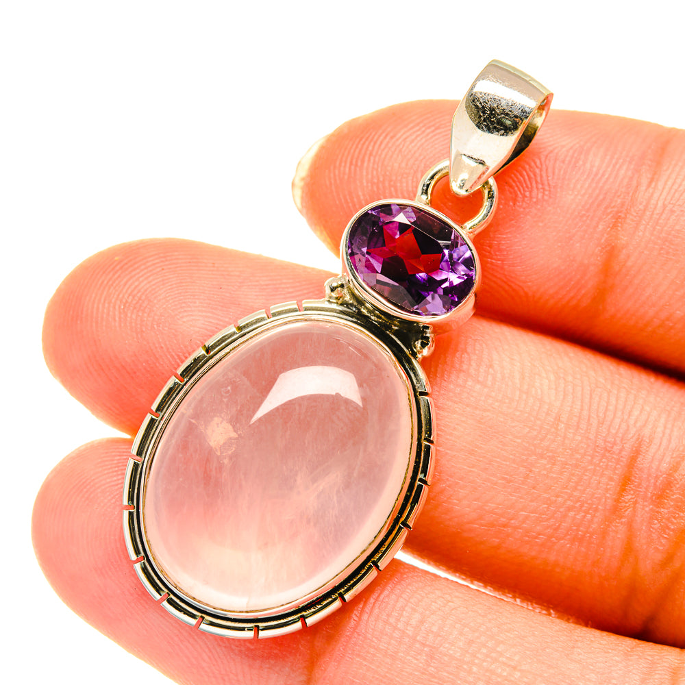 Rose quartz and amethyst pendant close-up, gold-tone 925 sterling silver, oval stones