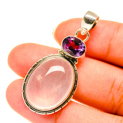 Rose quartz and amethyst pendant close-up, gold-tone 925 sterling silver, oval stones