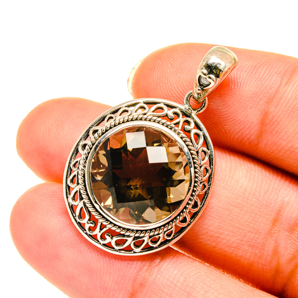 Smoky quartz pendant, 925 sterling silver with round dark golden faceted stone and ornate bail