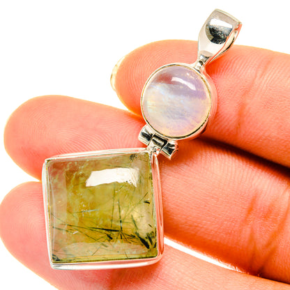 Sterling silver prehnite and moonstone pendant, green rectangle and pale round stone