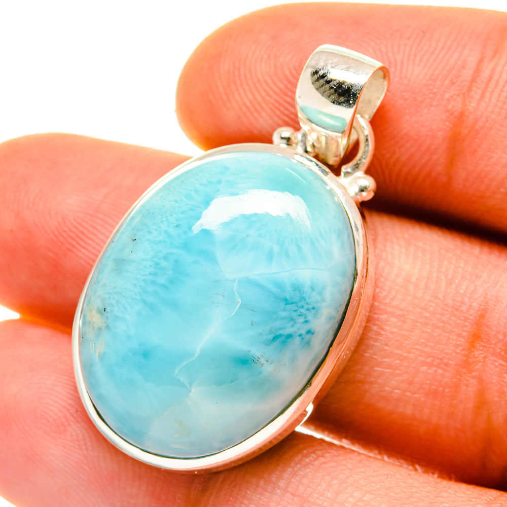 Larimar oval pendant, turquoise-blue stone set in 925 sterling silver with bail