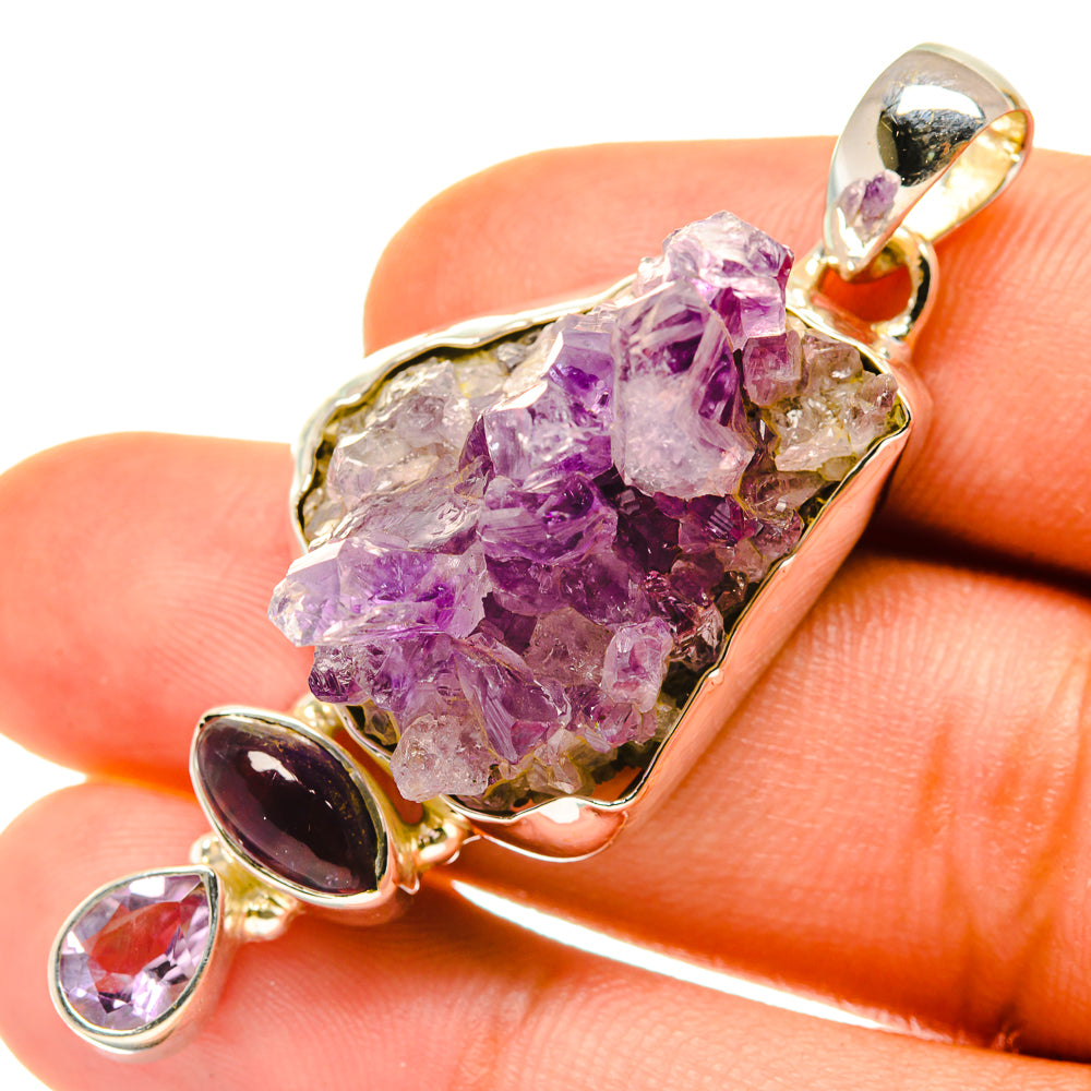 Amethyst crystal 925 sterling silver pendant with purple druzy cluster and heart accents