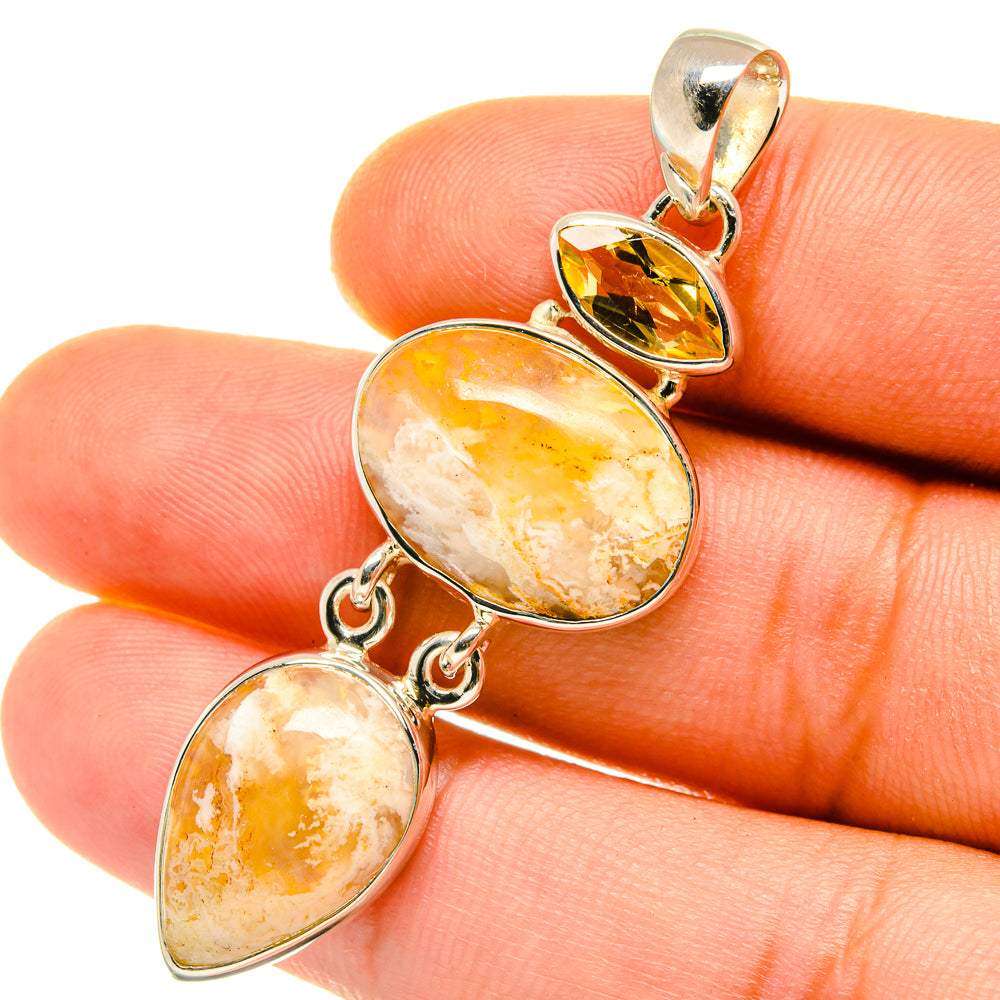 Citrine plume agate pendant on 925 sterling silver, three oval stones with loops