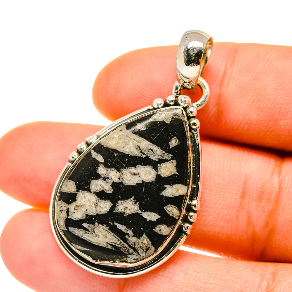 Teardrop pinolith jasper pendant in 925 sterling silver bezel, black with light specks