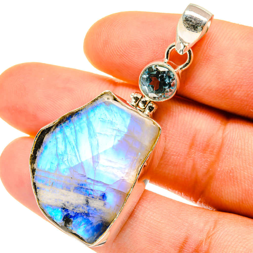 Rainbow Moonstone, Blue Topaz Pendants handcrafted by Ana Silver Co - PD4405