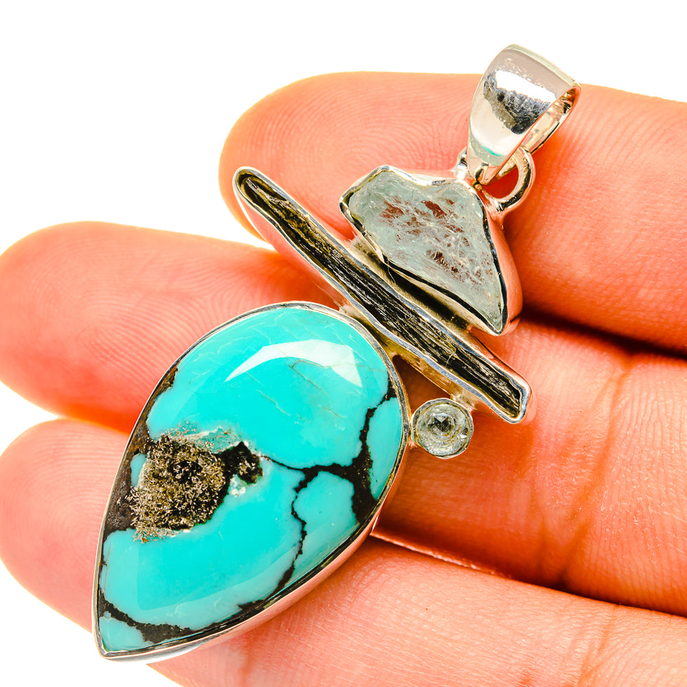 Tibetan Turquoise, Aquamarine, Green Tourmaline Pendants handcrafted by Ana Silver Co - PD4453