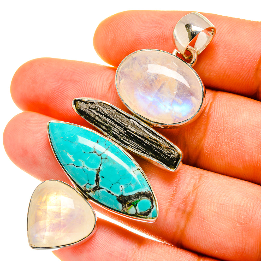 Tibetan Turquoise, Rainbow Moonstone, Green Tourmaline Pendants handcrafted by Ana Silver Co - PD4454