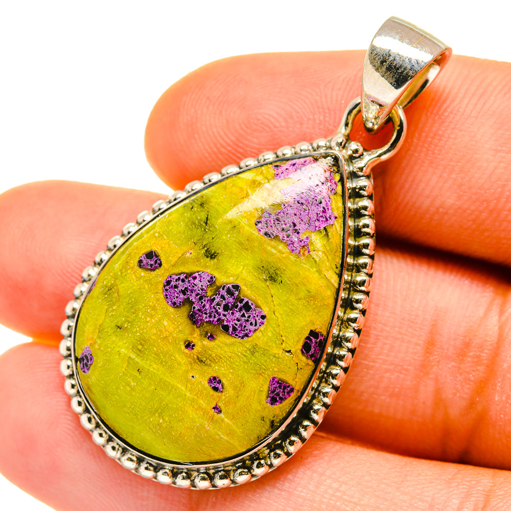 Sterling silver teardrop pendant with yellow stone and purple druzy speckles