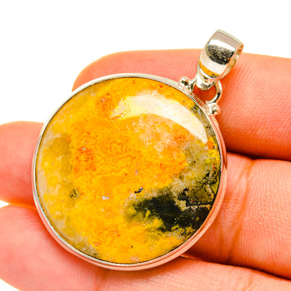 Round jasper pendant, sterling silver bezel, yellow and green stone with metal bail