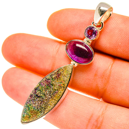 Amethyst druzy pendant with large purple oval stone, round top stone, and gold glitter drop