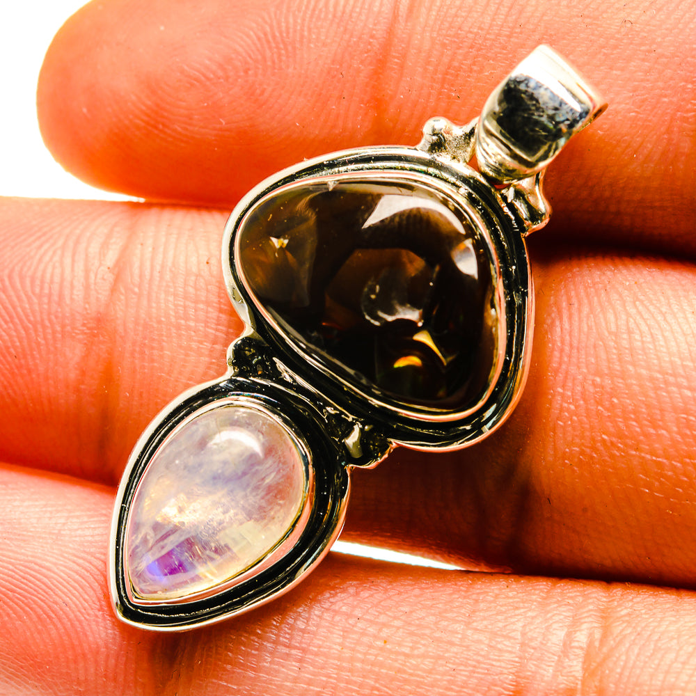 925 sterling silver pendant with oval amber fire agate and opalescent rainbow moonstone