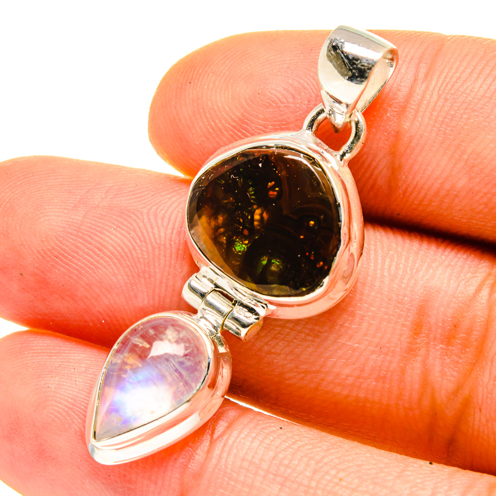 Sterling silver pendant with round amber fire agate and teardrop moonstone