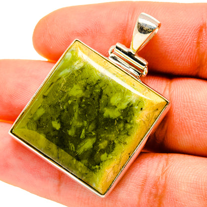 Rainforest Jasper pendant with rectangular green stone and 925 sterling silver frame
