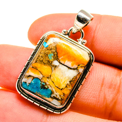 Sterling silver square turquoise pendant with blue-green stones and gold matrix, bail top.
