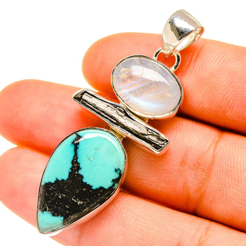 Sterling silver gemstone pendant with turquoise teardrop and moonstone oval bail