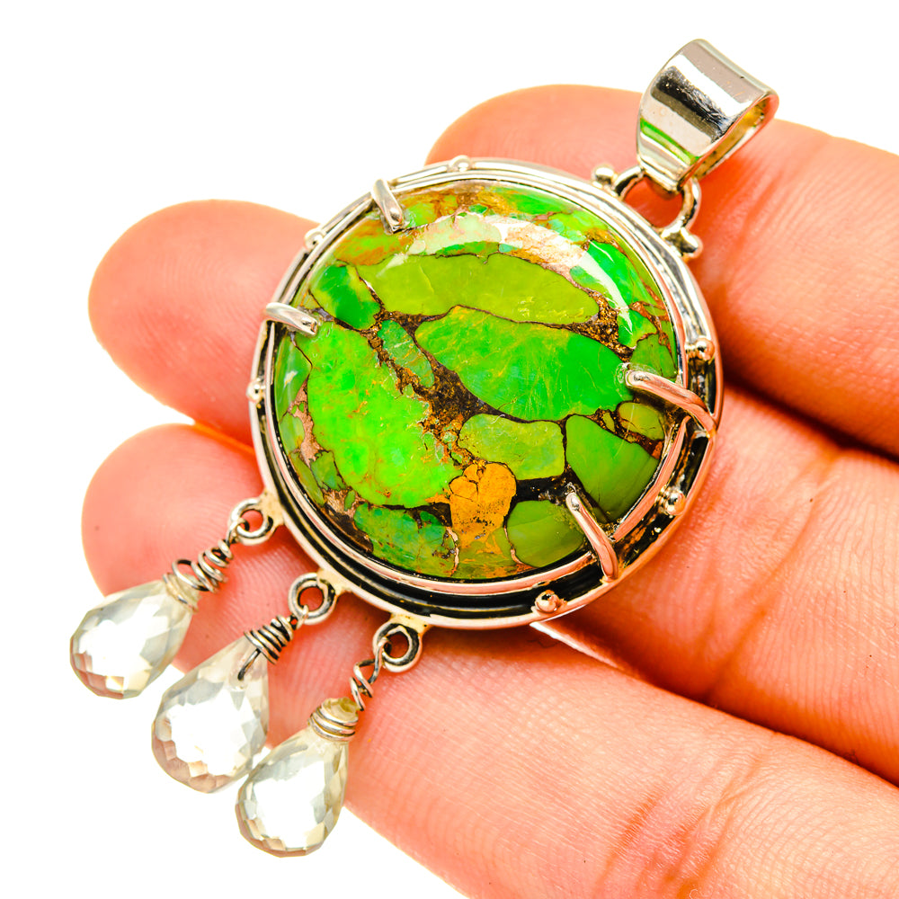 Round green turquoise pendant with silver bezel and three faceted crystal drop dangles