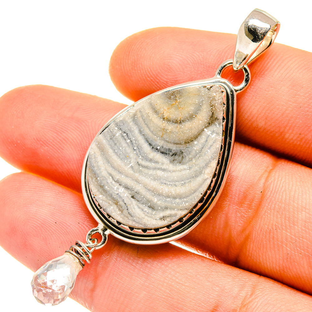Sterling silver teardrop pendant with gray-white drusy quartz and faceted crystal drop