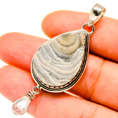 Sterling silver teardrop pendant with gray-white drusy quartz and faceted crystal drop