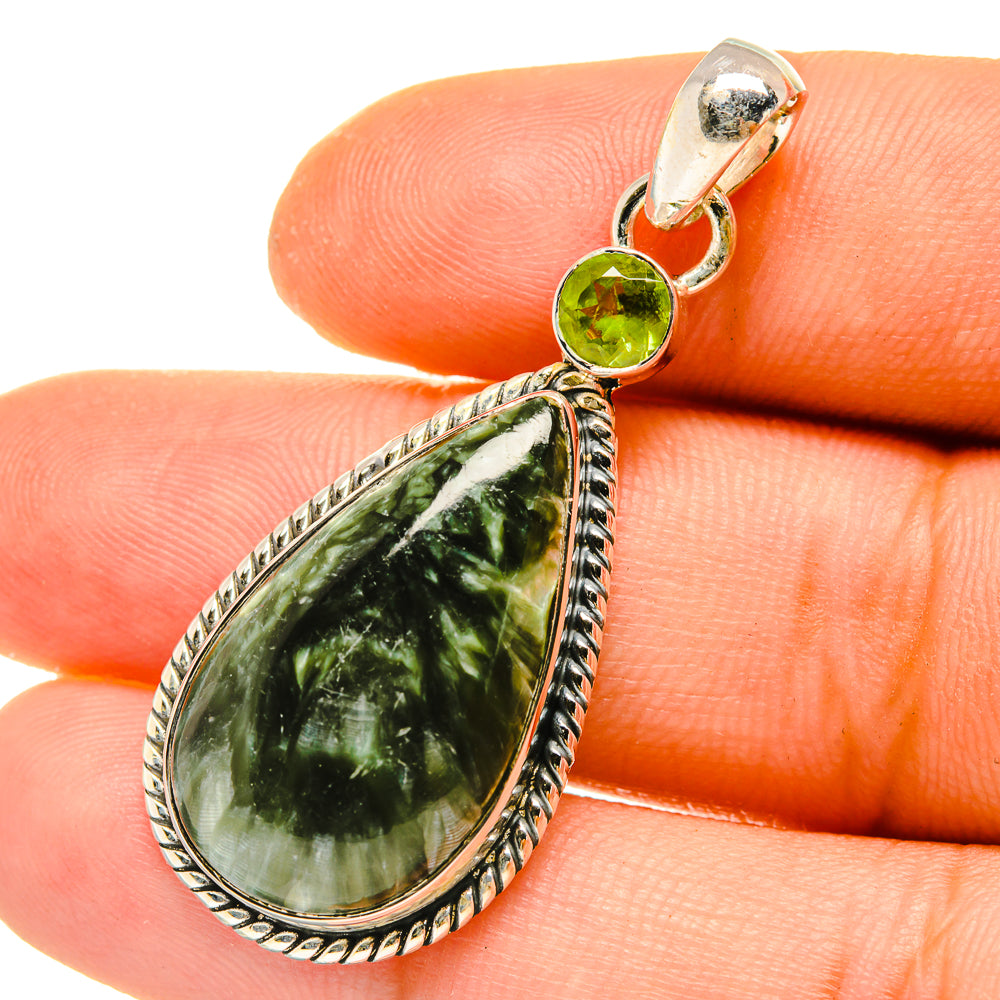 Seraphinite teardrop pendant with peridot green round stones, 925 sterling silver