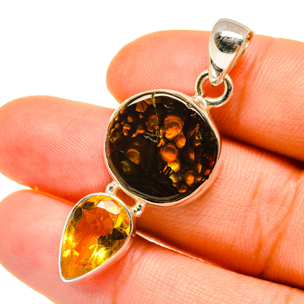 Sterling silver pendant with round amber fire agate and pear citrine stone