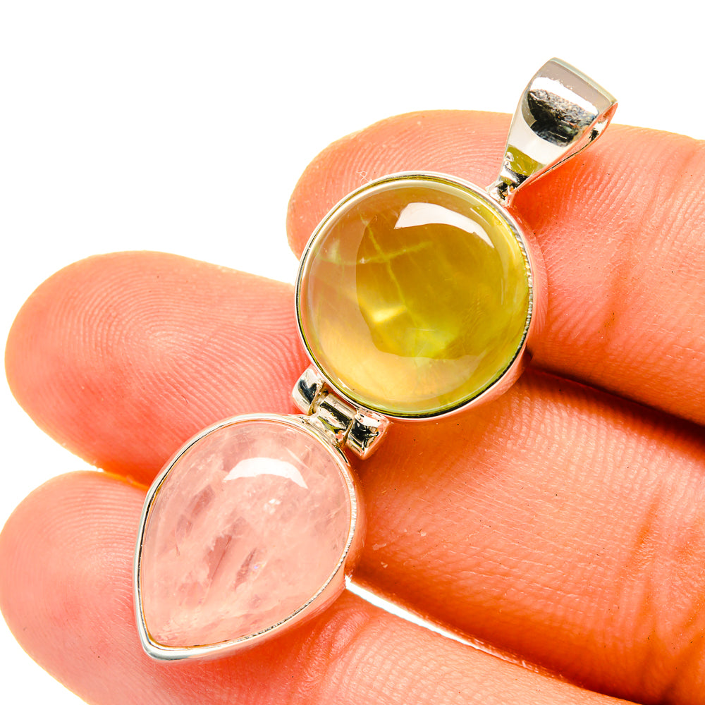 Prehnite and rose quartz pendant in 925 sterling silver with two oval cabochons