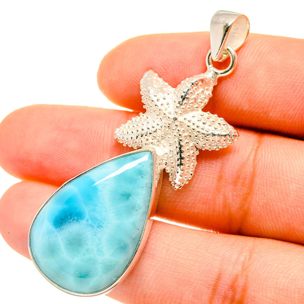 Starfish pendant with blue larimar teardrop and textured 925 sterling silver bail