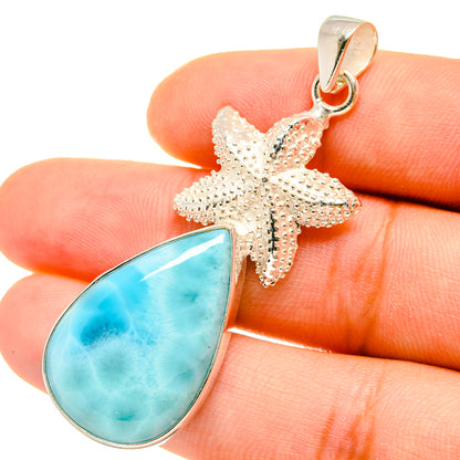 Starfish pendant with blue larimar teardrop and textured 925 sterling silver bail