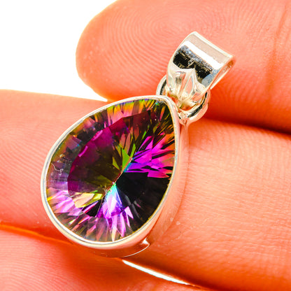 925 sterling silver mystic topaz teardrop pendant close-up with prong-set rainbow stone