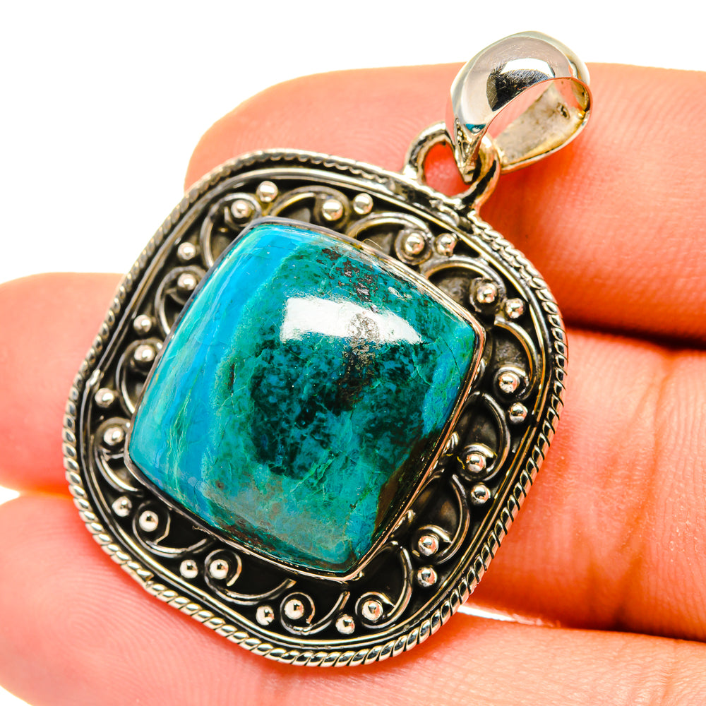 Malachite-in-chrysocolla pendant in rectangular turquoise stone with silver ornate frame
