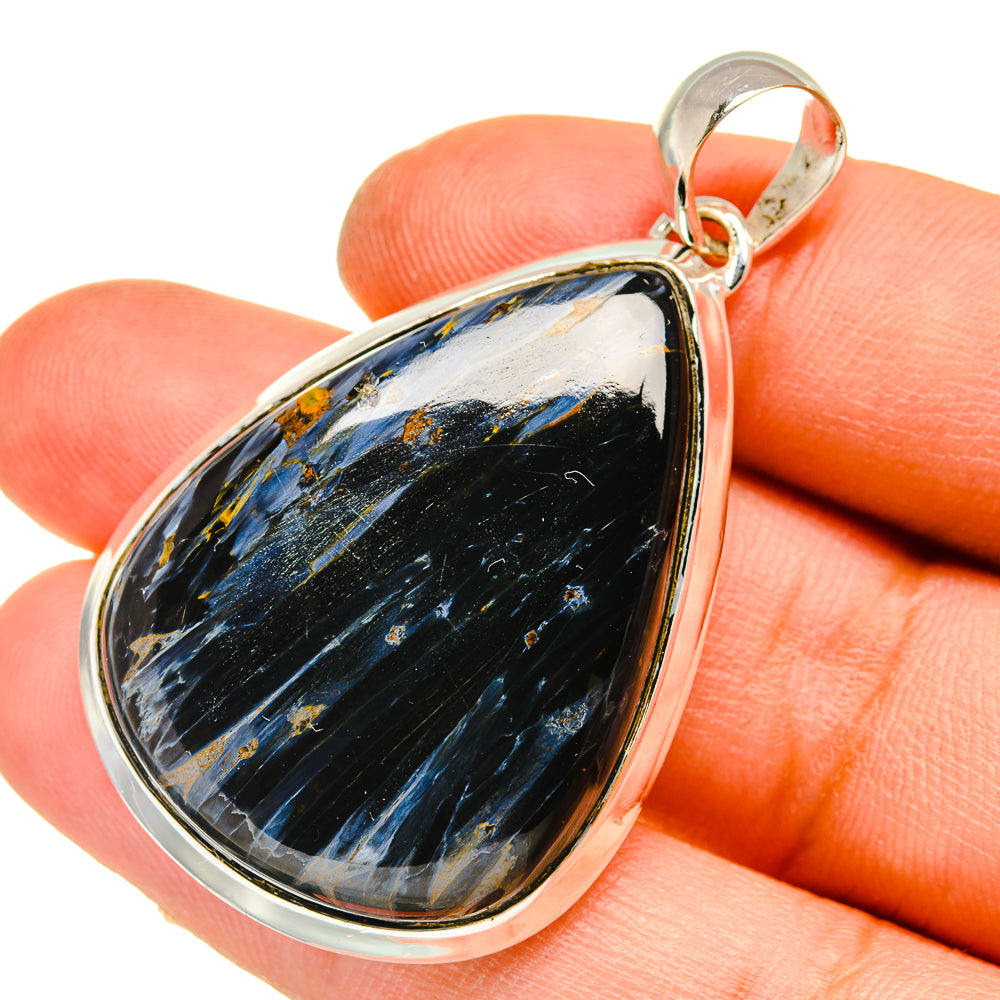 Sterling silver teardrop pendant with dark blue-gold pietersite cabochon