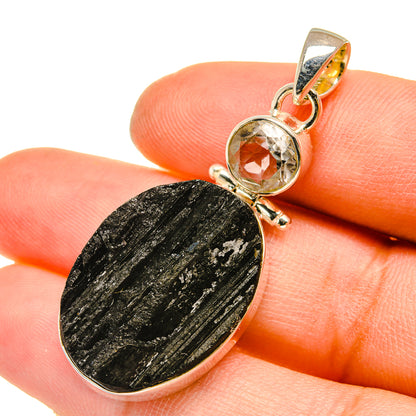 Rough black tourmaline and white quartz pendant with clear round center stone, 925 silver