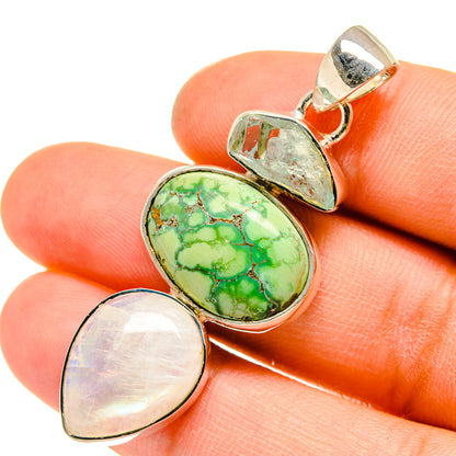 Sterling silver pendant with green turquoise and opalescent moonstone cabochons