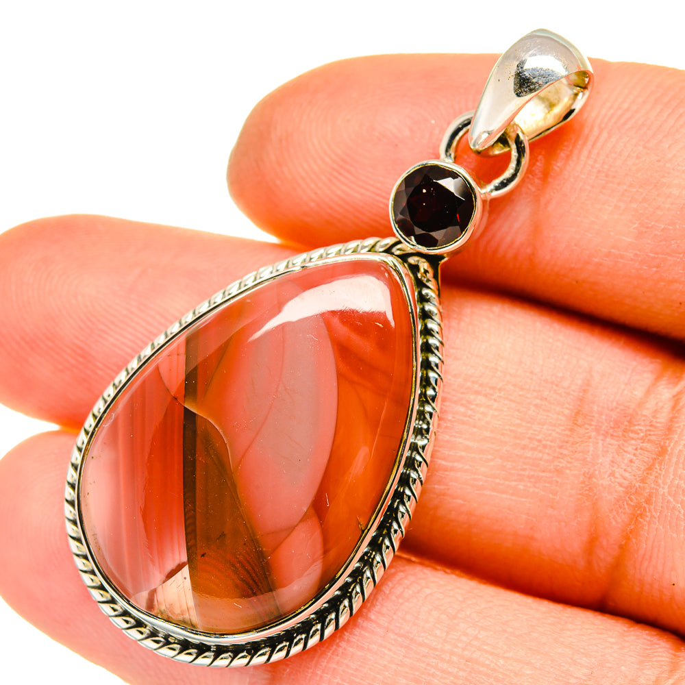 Mookaite teardrop pendant with garnet-like round stone and 925 sterling silver frame