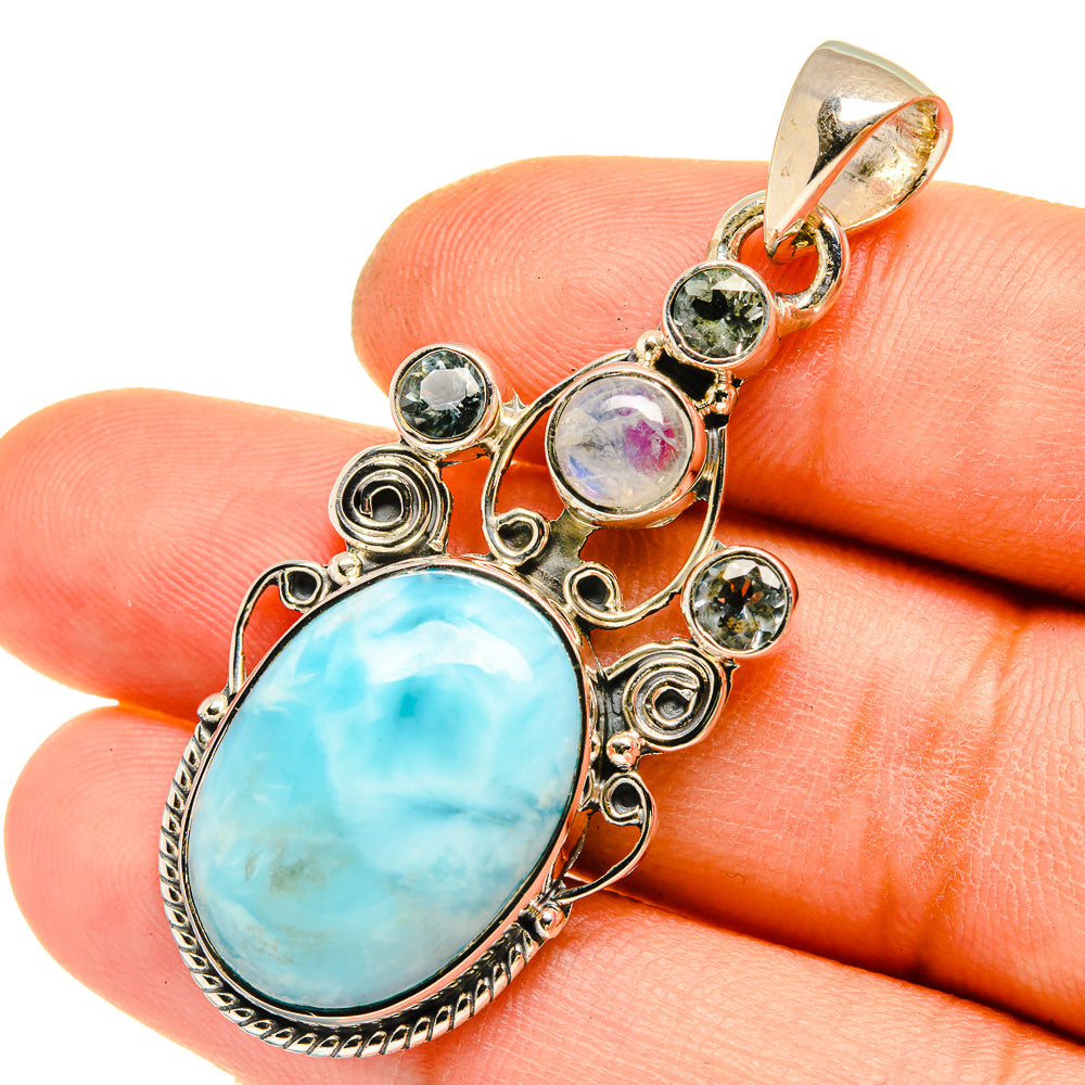 Sterling silver larimar oval pendant with moonstone and green gemstone accents