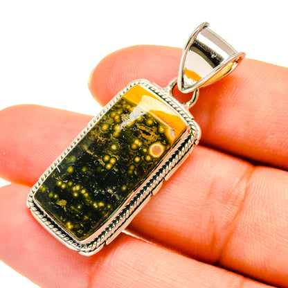 Ocean Jasper pendant close-up in 925 sterling silver, rectangular cabochon and bail