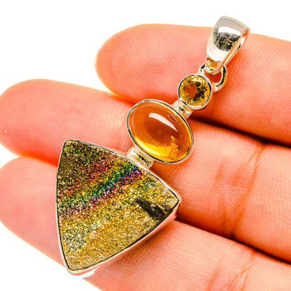 Triangular druzy pendant with green-gold glitter stone and citrine oval accent in silver setting