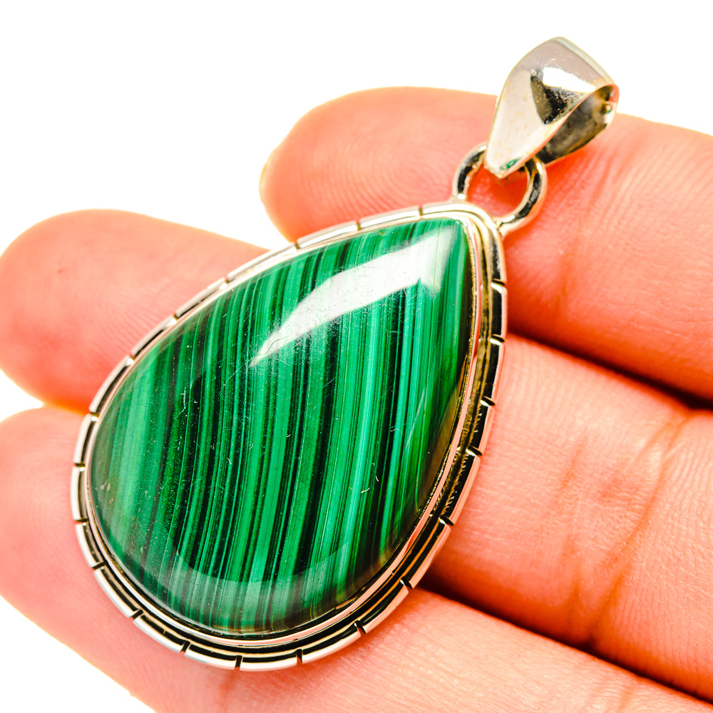 Malachite teardrop pendant in 925 sterling silver with green striped stone bezel