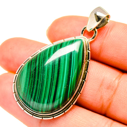 Malachite teardrop pendant in 925 sterling silver with green striped stone bezel