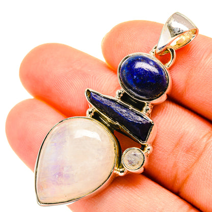 Gold-tone 925 sterling silver pendant with blue oval lapis, pale teardrop moonstone, round accent