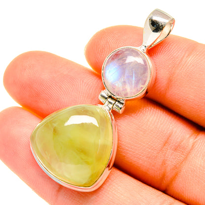 Sterling silver pendant with pink opalescent moonstone and oval lime prehnite stones