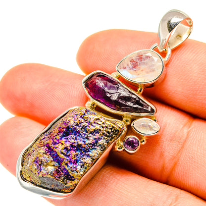 Sterling silver gemstone pendant with purple amethyst, rainbow moonstone, iridescent druzy