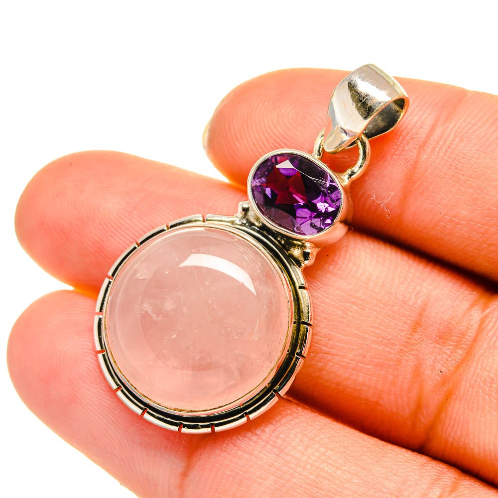Rose quartz and amethyst pendant with 925 sterling silver setting, oval rose stone