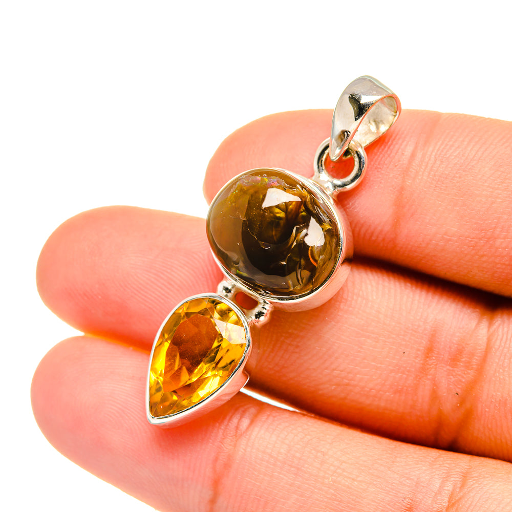 Sterling silver pendant with round fire agate and citrine teardrop gemstone