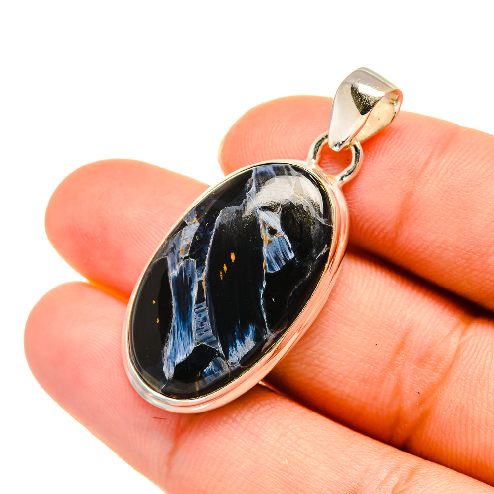 Oval pietersite pendant in 925 sterling silver setting, black stone with blue streaks