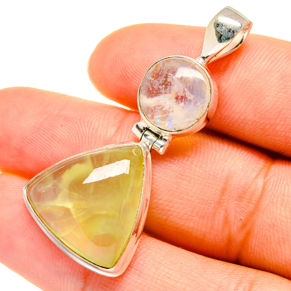 Rainbow moonstone and prehnite pendant, round and triangular stones in sterling silver setting