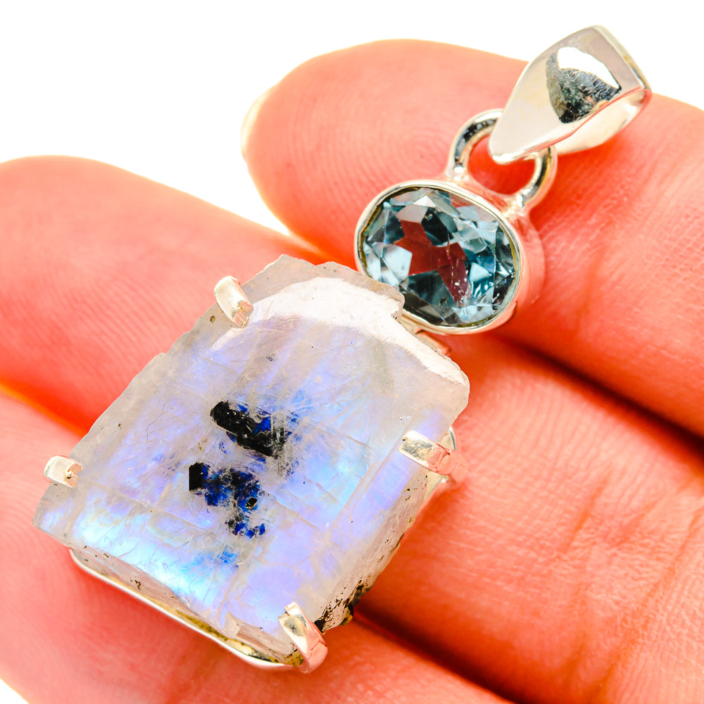 Rough moonstone pendant with oval blue topaz in sterling silver, small bail view