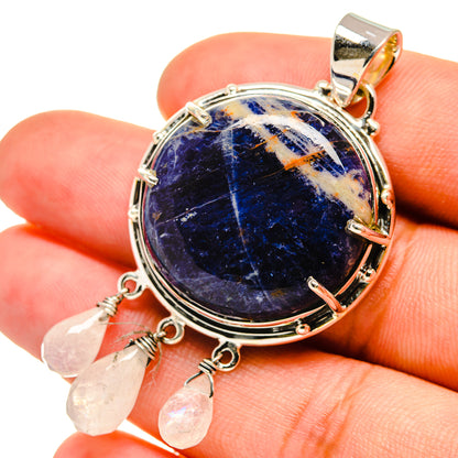 Sodalite cabochon pendant in 925 sterling silver with moonstone drop charms