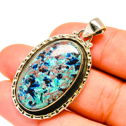 Shattuckite oval pendant in 925 sterling silver bezel with gold-tone bail