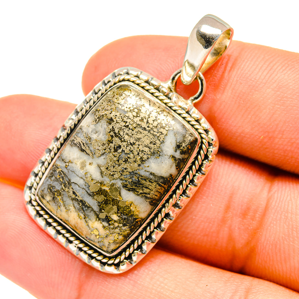 925 sterling silver pyrite agate pendant, rectangular bezel with ornate edge and loop bail