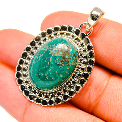 Turquoise oval cabochon pendant with beaded 925 sterling silver frame and bail